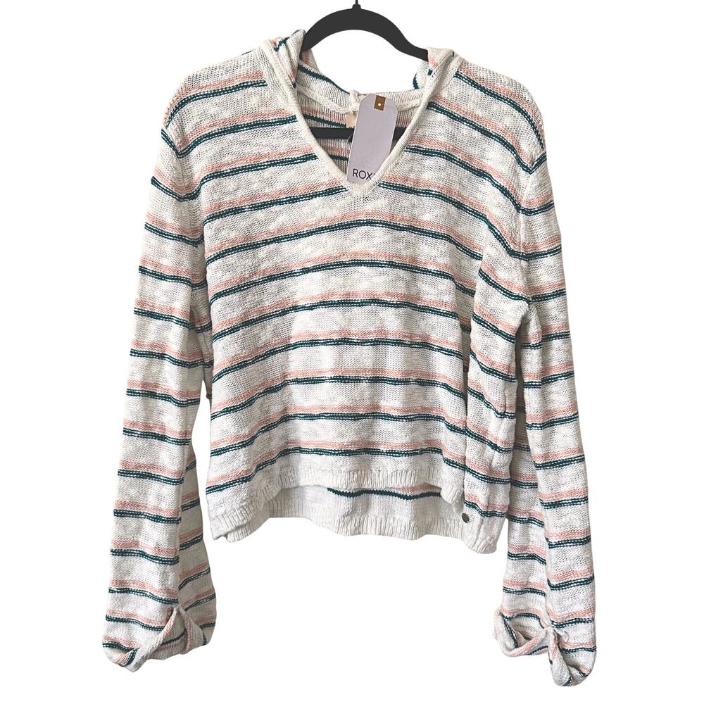 Roxy White Stripe Sun Express Baja Beach Sweater Hoodie Large NEW Surf Coverup